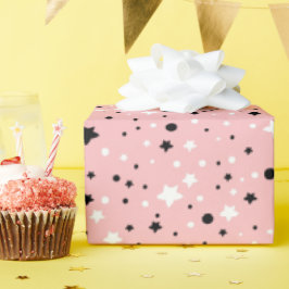 Papel De Regalo Estrellas blancas y negras sobre rosa