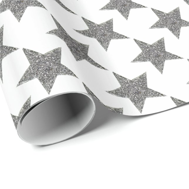 Papel De Regalo Estrellas brillantes de plata navidades (Esquina del rollo)