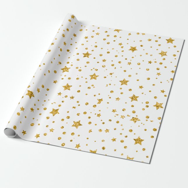 Papel De Regalo Estrellas celestes modernas en blanco y oro (Desenrollado)