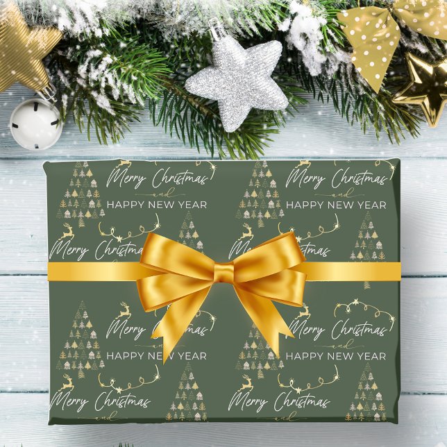 Papel De Regalo Estrellas clásicas de renos de árboles de Navidad  (Classic Green Doodle Christmas Tree Reindeer Stars Wrapping Paper)