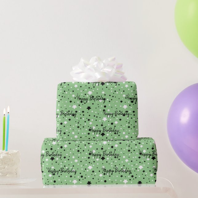 Papel De Regalo Estrellas De Cumpleaños En Verde (Regalos de fiesta)