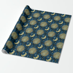 Papel De Regalo Estrellas de luna de sol celestial Tarot dorado az