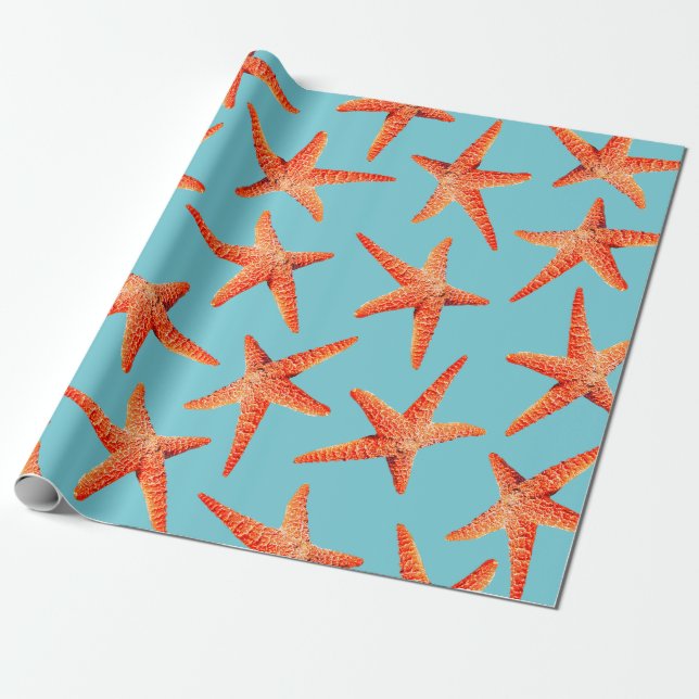 Papel De Regalo Estrellas de mar anaranjadas rojas costeras (Desenrollado)