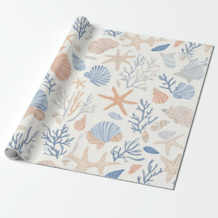 Papel De Regalo Estrellas de Mar Caracoles Azules Melocotón Crema