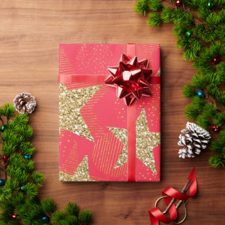PAPEL DE REGALO ESTRELLAS DE NAVIDAD CON BRILLO ROJO Y DORADO