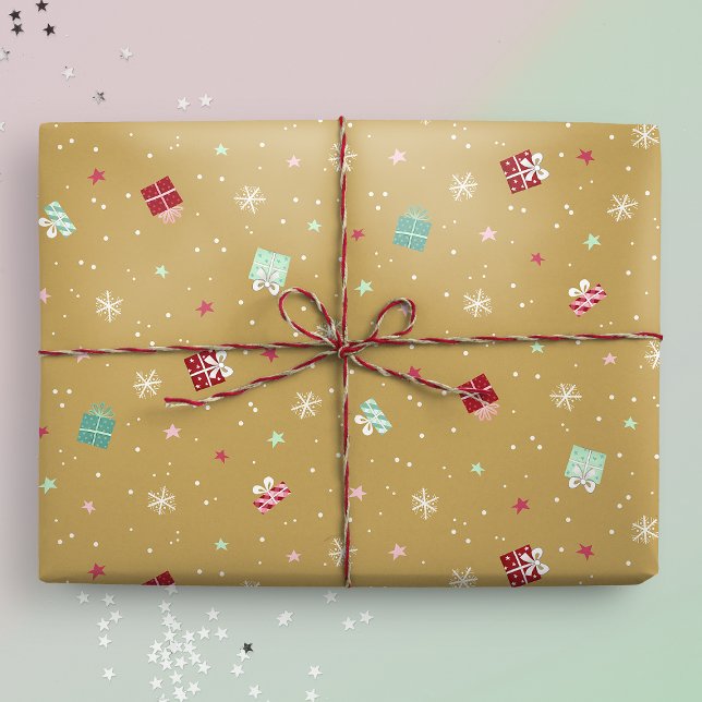 Papel De Regalo Estrellas de Navidades dorados, regalos, copos de  (Gift mockup)