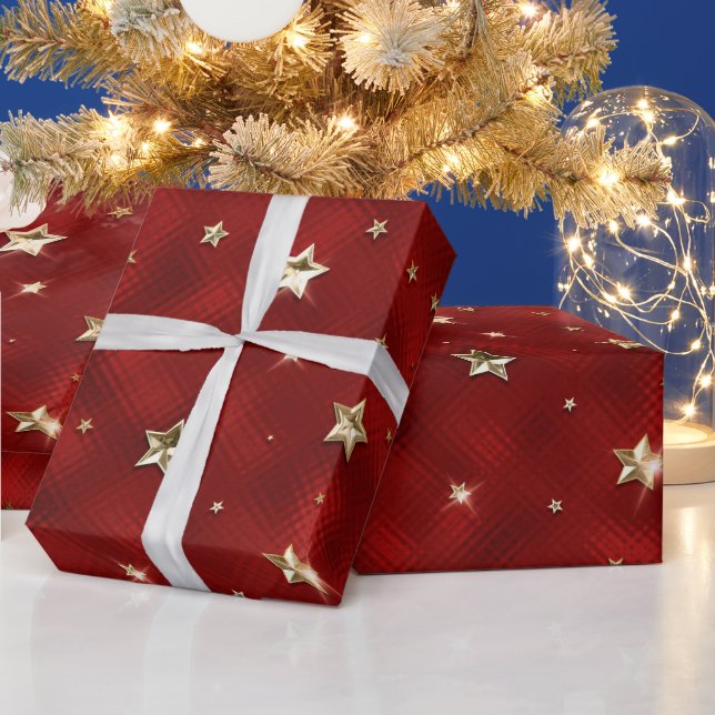 Papel De Regalo Estrellas de Navidades Metalizado de Faux Rojo y O (Vacaciones)