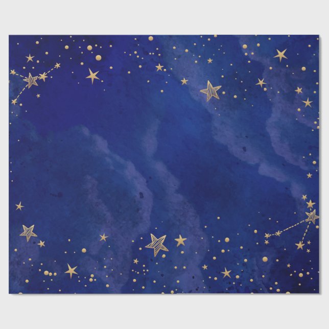 Papel De Regalo Estrellas de oro, cielo, azul marino, vacaciones (Superficie plana)