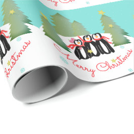 Papel De Regalo Estrellas de oro de los árboles verdes y pingüinos