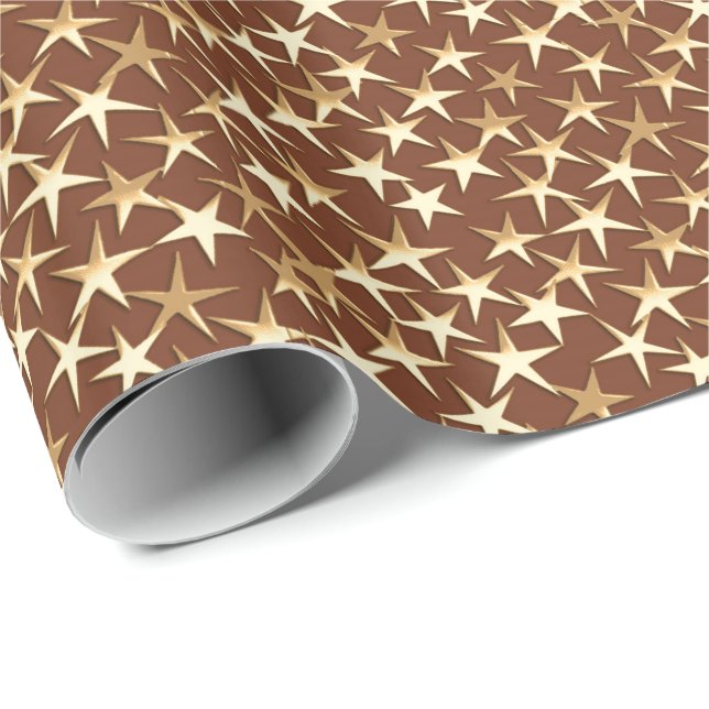 Papel De Regalo Estrellas de oro en marrón chocolate (Esquina del rollo)