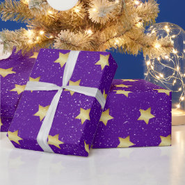 Papel De Regalo Estrellas De Oro En Morado Con Copos De Nieve