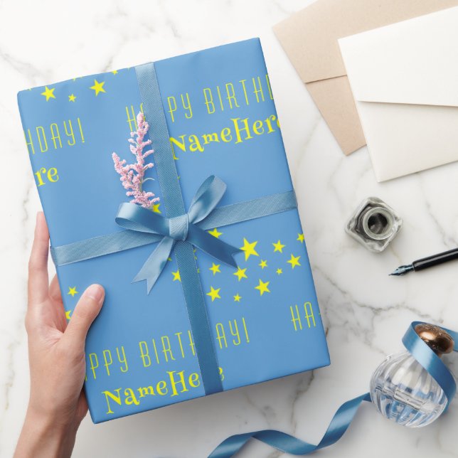 Papel De Regalo Estrellas de oro personalizado y azul de cumpleaño (Regalar)