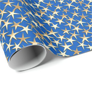 Papel De Regalo Estrellas de oro sobre azul cobalto