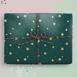Papel De Regalo Estrellas de oro sobre Navidades del cielo verde