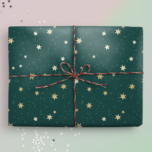 Papel De Regalo Estrellas de oro sobre Navidades del cielo verde
