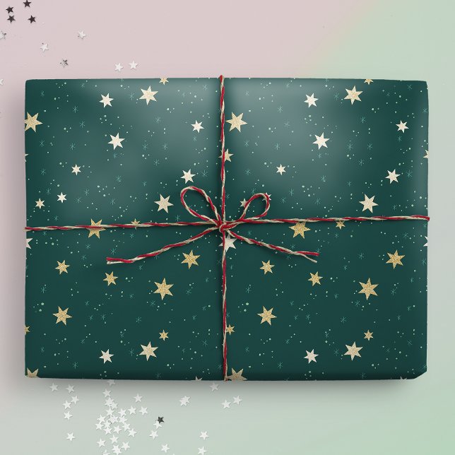Papel De Regalo Estrellas de oro sobre Navidades del cielo verde (Gift mockup)