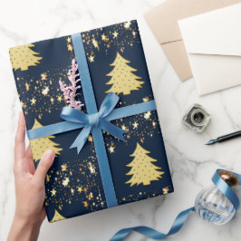 Papel De Regalo Estrellas de oro y árbol de navidades con baudias,