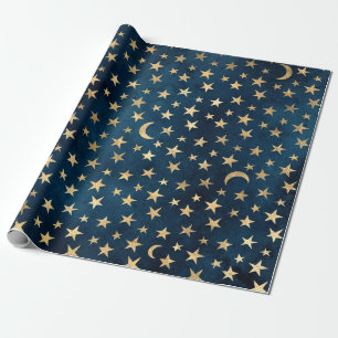 Papel De Regalo Estrellas de oro y lunas sobre azul