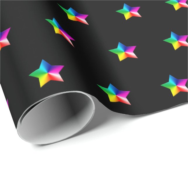 Papel De Regalo estrellas del arco iris en negro (Esquina del rollo)