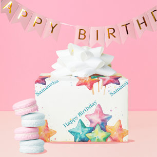Papel De Regalo Estrellas del arcoiris de Girly Watercolor Cumplea