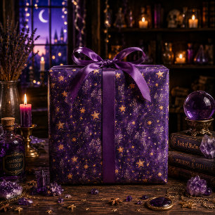 Papel De Regalo Estrellas doradas celestiales mágicas acuarela púr