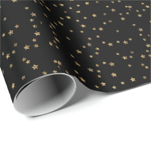 Papel De Regalo Estrellas doradas de Confetti purpurina luce negro