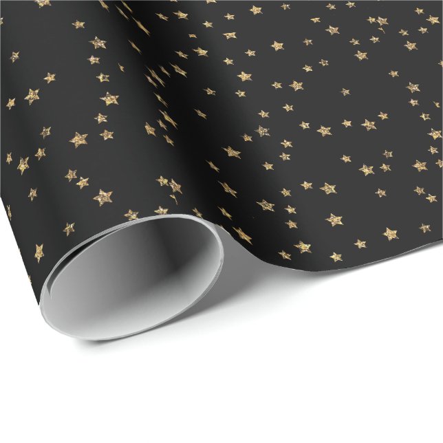 Papel De Regalo Estrellas doradas de Confetti purpurina luce negro (Esquina del rollo)