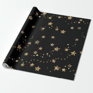 Papel De Regalo Estrellas doradas de Confetti purpurina luce negro