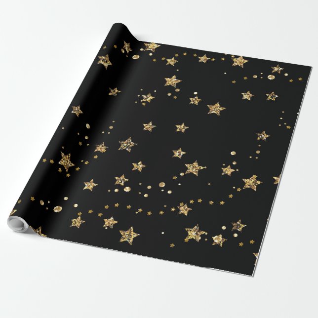 Papel De Regalo Estrellas doradas de Confetti purpurina luce negro (Desenrollado)