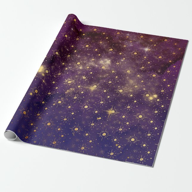 Papel De Regalo Estrellas doradas Galaxia Planetas celestes morada (Desenrollado)