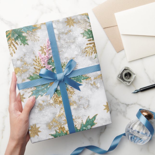 Papel De Regalo Estrellas doradas purpurina con bayas y hojas (Regalar)