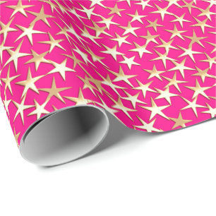 Papel De Regalo Estrellas doradas sobre rosa fucsia