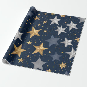 Papel De Regalo estrellas doradas y plateadas dispersas