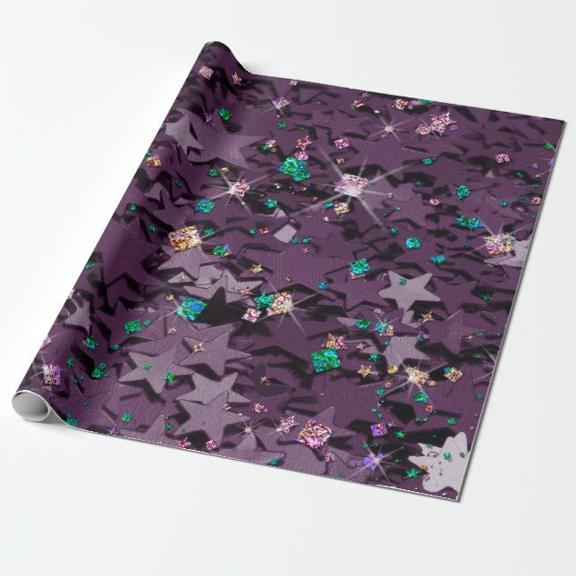 Papel De Regalo Estrellas espumosas moradas y multicolores (Desenrollado)