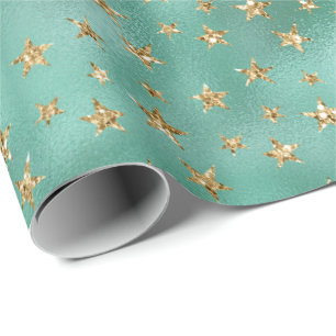 Papel De Regalo Estrellas Glam Green Gold Purpurinas