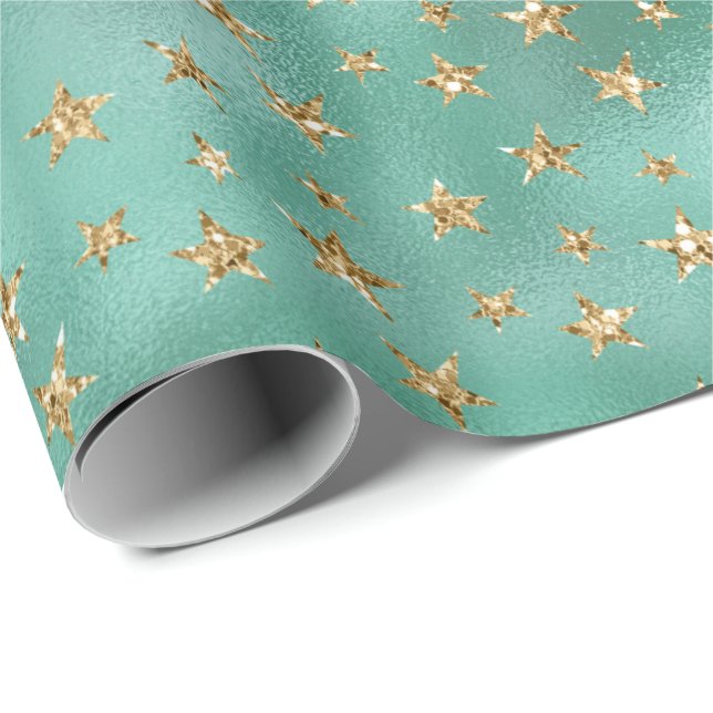 Papel De Regalo Estrellas Glam Green Gold Purpurinas (Esquina del rollo)