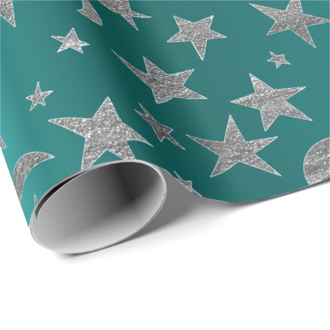 Papel De Regalo Estrellas gris plateadas Moon Sky metálico Greenwi (Esquina del rollo)