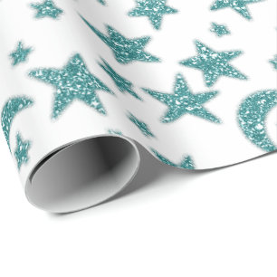 Papel De Regalo Estrellas Luna Sparkly Verde azulado Aqua Blue Whi