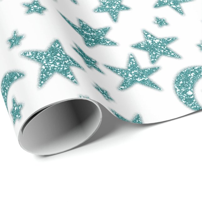 Papel De Regalo Estrellas Luna Sparkly Verde azulado Aqua Blue Whi (Esquina del rollo)