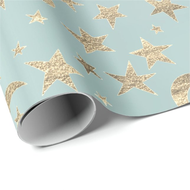 Papel De Regalo Estrellas Moon Tiffany Aqua Gold Sky Champaign Met (Esquina del rollo)
