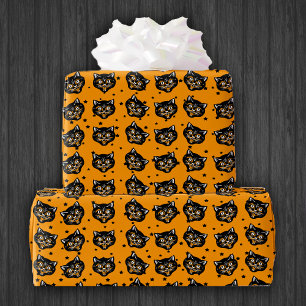 Papel De Regalo Estrellas Naranjas de gatos negros de Halloween so