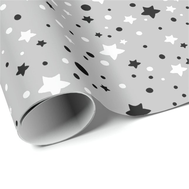 Papel De Regalo estrellas negras y blancas en gris (Esquina del rollo)
