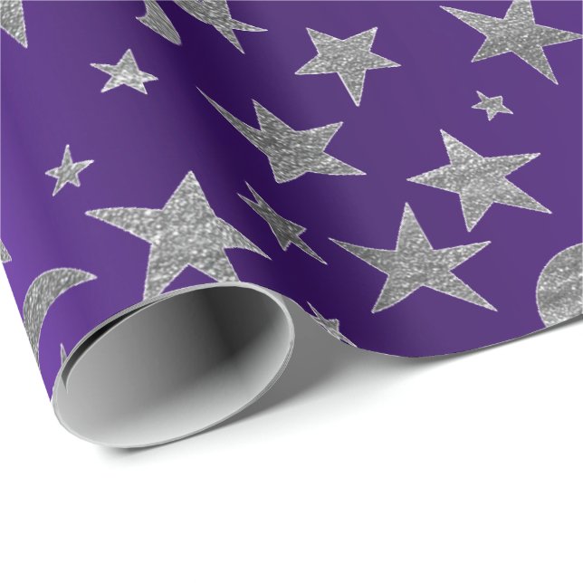 Papel De Regalo Estrellas plateadas cielo azul Metálico morado Ame (Esquina del rollo)