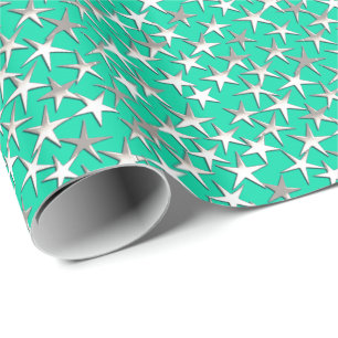 Papel De Regalo Estrellas plateadas de turquesa