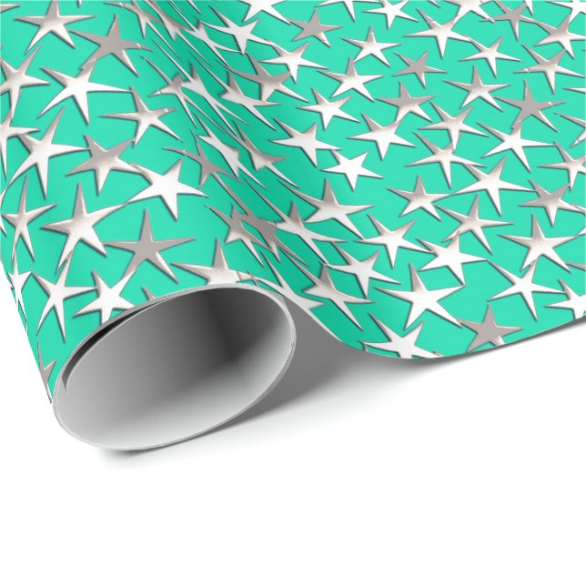 Papel De Regalo Estrellas plateadas de turquesa (Esquina del rollo)