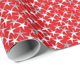 Papel De Regalo Estrellas plateadas en rojo oscuro