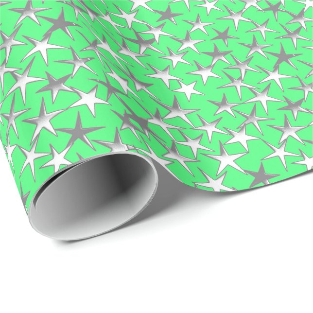 Papel De Regalo Estrellas plateadas en verde lima (Esquina del rollo)
