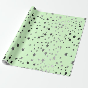 Papel De Regalo Estrellas plateadas y negras sobre verde
