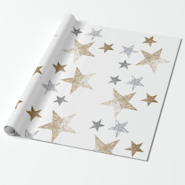 Papel De Regalo Estrellas purpurinas de oro y plata
