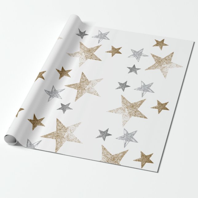 Papel De Regalo Estrellas purpurinas de oro y plata (Desenrollado)